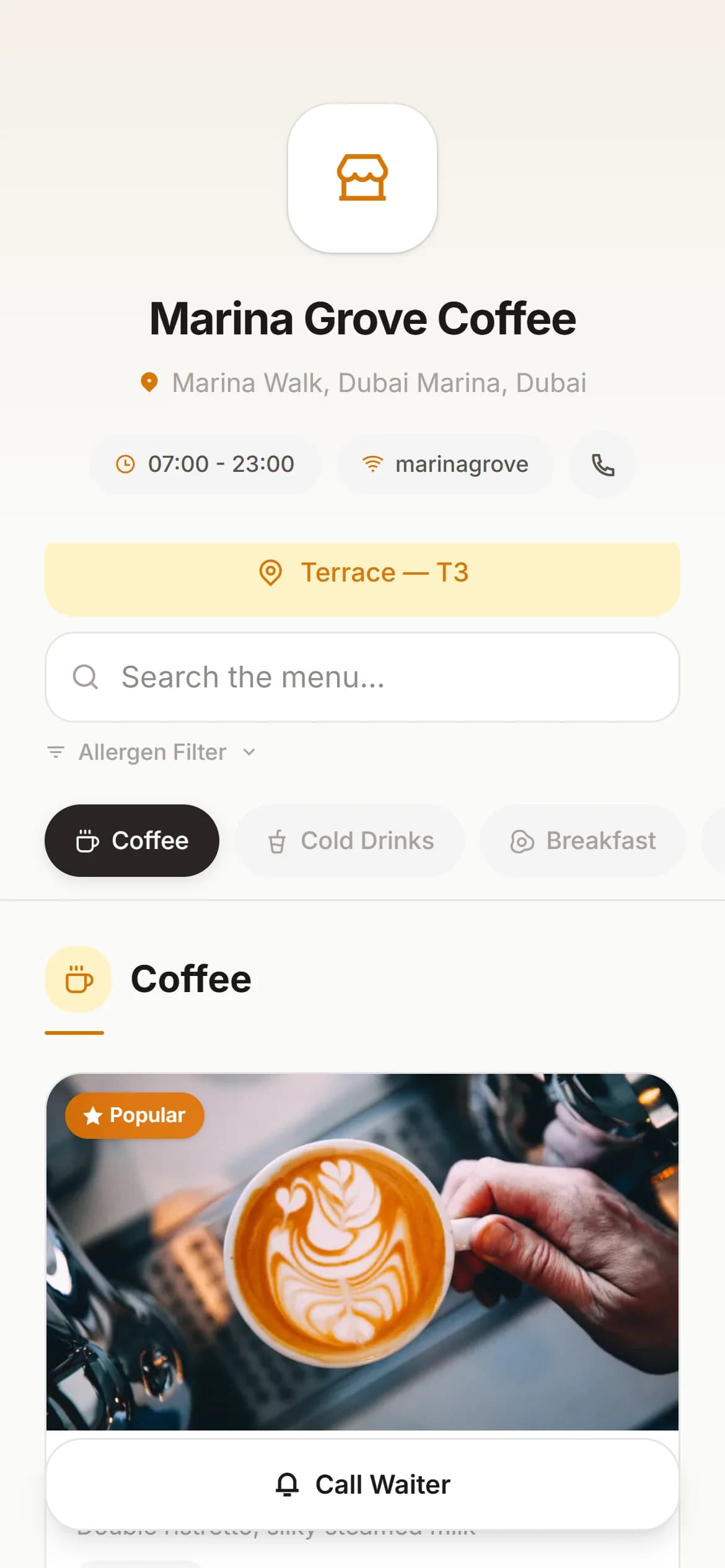 Kafe360 QR menu — venue header, search and allergen filters
