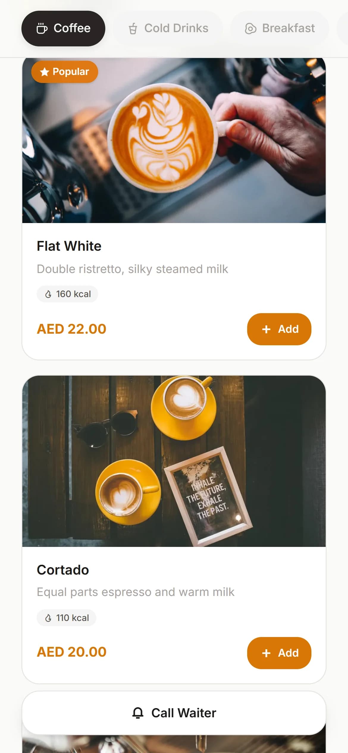 Kafe360 QR menu as the guest sees it on their own phone
