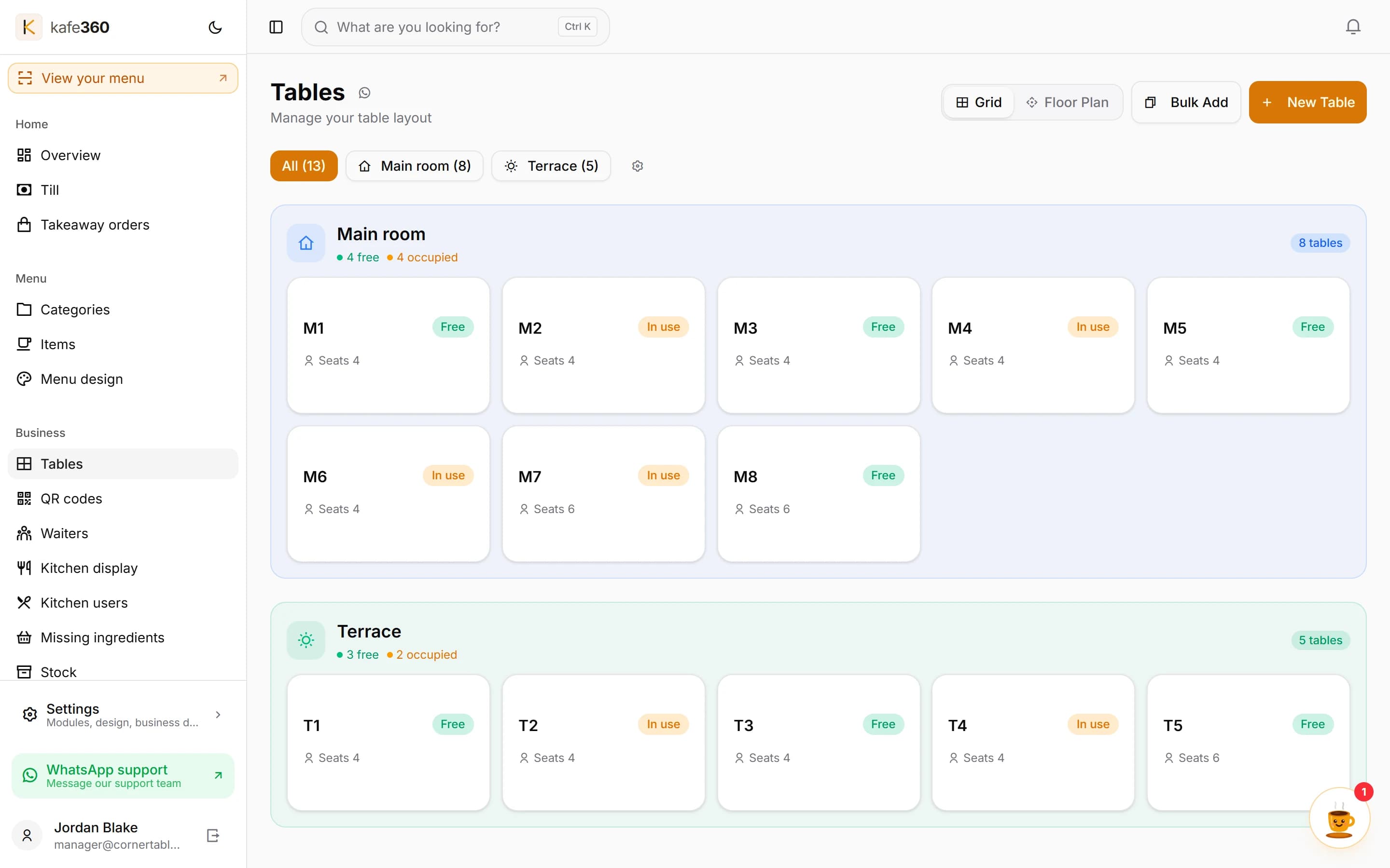 Kafe360 tables — the grid view grouped by area, each table in its current state