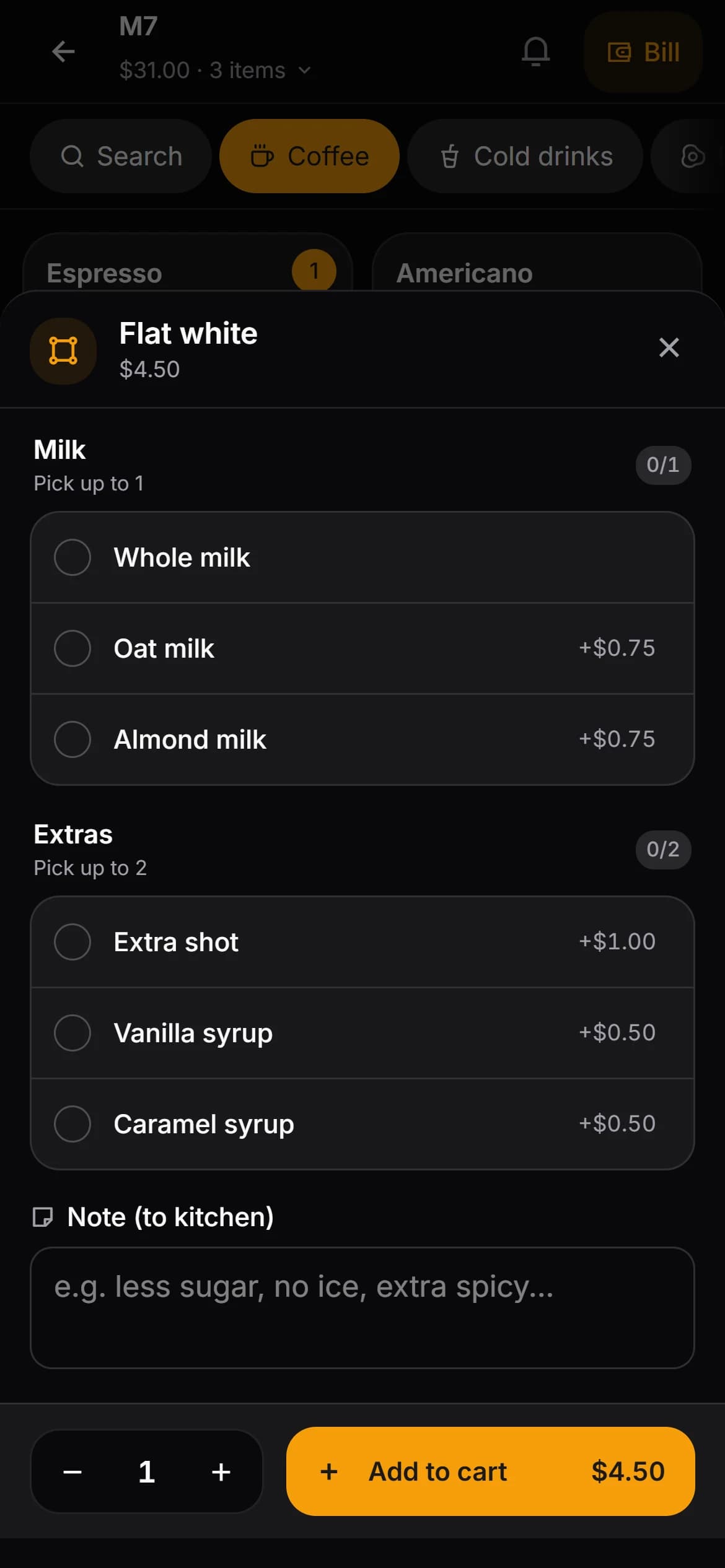 Kafe360 waiter app — choosing options and extras while adding an item to an order