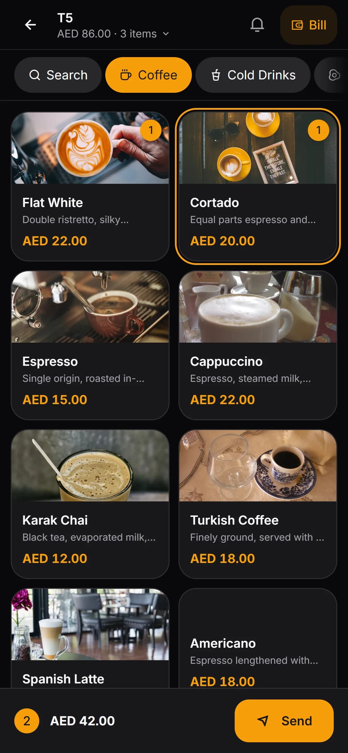 Kafe360 waiter app — taking an order from the menu grid