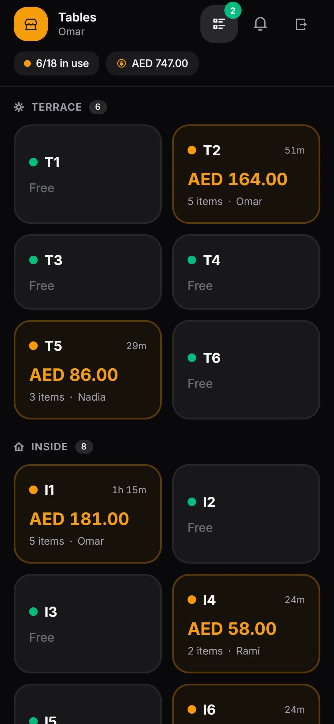 Kafe360 waiter app — table plan by area, showing open tables with their totals