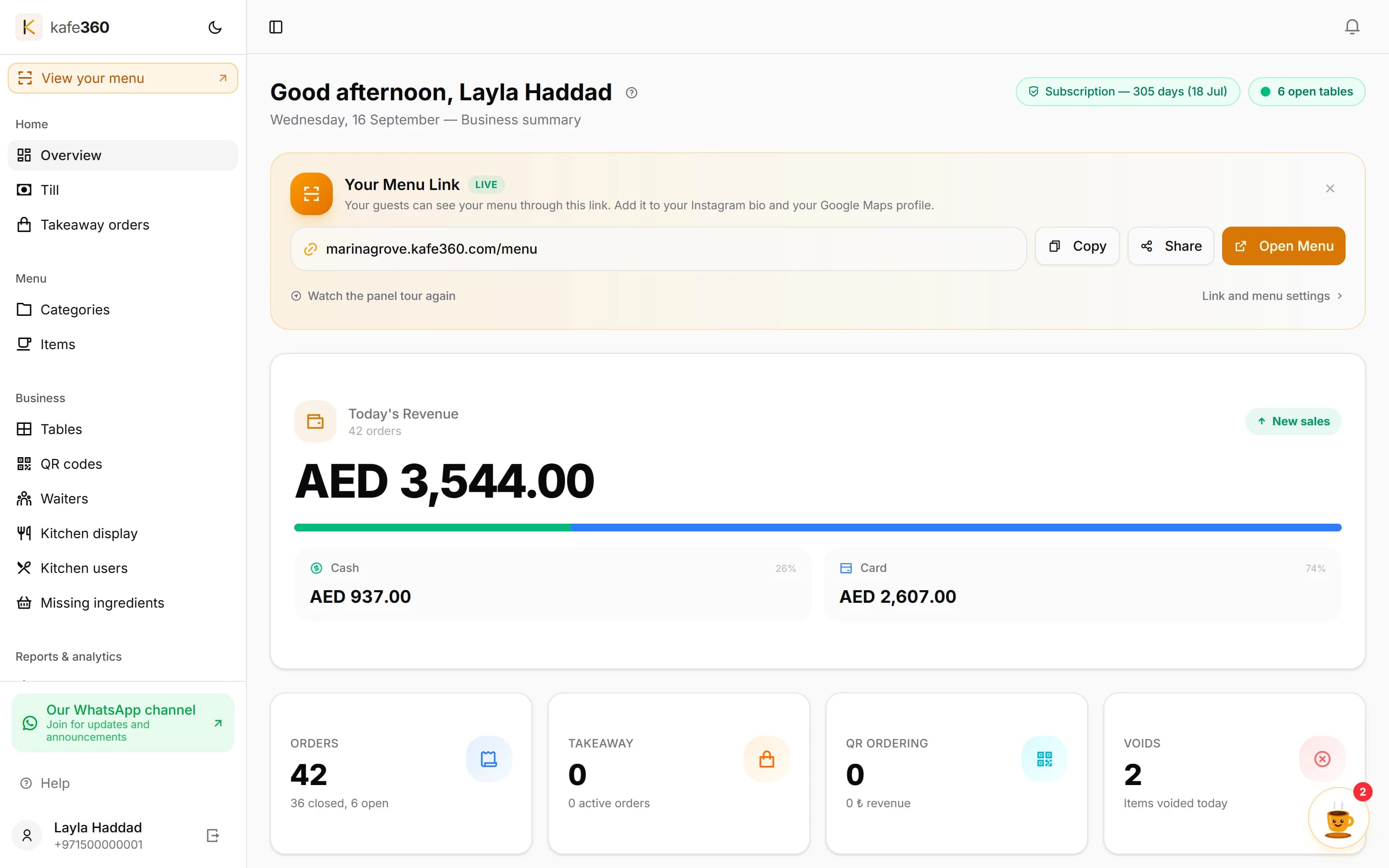 Kafe360 manager dashboard — today's revenue, orders and table occupancy