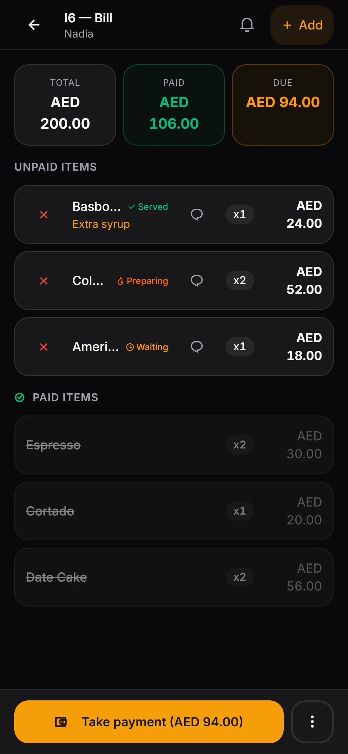 Kafe360 waiter app — splitting a bill between guests
